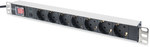 19" rack PDU power strip, 7x Schuko sockets, 2.0m, 1x Uni-Schuko socket, 16A, on/off switch, overload protection.