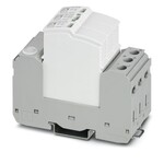 Wtykany ogranicznik przepięć bez prądu upływu do 2-biegunowych izolowanych i uziemionych systemów napięcia stałego o liniowej charakterystyce roboczej do 220 V DC, do montażu na szynie DIN, 3-biegunowa podstawka z zestykiem komunikacji zdalnej, trzy wtykane elementy ochronne z kontrolą temperatury, wskaźnik stanu na każdym wtyku.