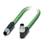 Kabel sieciowy, PROFINET CAT5 (100 Mbit/s), EtherCAT® CAT5 (100 Mbit/s), 4-bieg., PUR bez halogenów, zielony RAL 6018, ekranowany (Advanced Shielding Technology), Wtyki proste M8, kodowanie: D / IP67, na Wtyki kątowy M8, kodowanie: D / IP67, długość kabla: 5 m