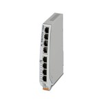 Wąski switch Ethernetowy, szeroki zakres temperatury, osiem portów RJ45 o szybkości 10/100/1000 Mb/s we wszystkich portach, automatyczne rozpoznawanie szybkości transmisji, funkcja autokrosowania i QoS