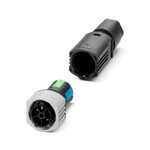 Złącze, rodzaj przyłącza: Zacisk typu push-lock, liczba biegunów: 4+PE, Pin, 0,5 mmsup2/sup ... 2,5 mmsup2/sup, 600 V, 17,5 A, PA, czarny, kodowanie: P, zewnętrzna średnica przewodu: 7 mm ... 11 mm i 11 mm ... 16 mm