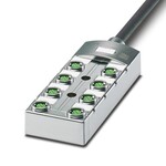 Koncentrator, zastosowanie: Standardowe, rozszerzone wymagania, rodzaj przyłącza: Gniazdo M12 Push-Pull Metal / Gniazdo M12, Ilość gniazd: 8, liczba biegunów: 5, kodowanie: A, przyporządkowanie gniazd: podwójne, wskaźnikiem stanu: nie, Uniwersalny. przyłącze przewodów zbiorczych: Przyłącze stałe 180°, PUR/PVC, długość przewodów: 10 m, ekranowanie: tak