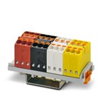 Funkcyjny blok rozdzielczy, do magistrali KNX do instalacji budowlanych, pojedynczy blok z mostkiem wewnętrznym, kolor zgodnie z kolorystyką żył EIB, układ: Inline, napięcie znamionowe: 500 V, prąd znamionowy: 17,5 A, ilość przyłączy: 24, rodzaj przyłącza: zaciski Push-in, przekrój: 0,14 mmsup2/sup - 2,5 mmsup2/sup, rodzaj montażu: NS 15, NS 35/7,5, NS 35/15