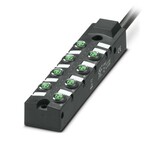 Koncentrator, zastosowanie: Standard, rodzaj przyłącza: Gniazdo M8 Metal, Ilość gniazd: 8, liczba biegunów: 3, kodowanie: A, przyporządkowanie gniazd: zwykłe, wskaźnikiem stanu: tak, PNP. przyłącze przewodów zbiorczych: Przyłącze stałe 180°, PUR/PVC, długość przewodów: 10 m, ekranowanie: nie