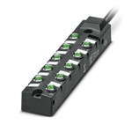 Koncentrator, zastosowanie: Standard, rodzaj przyłącza: Gniazdo M8 Metal, Ilość gniazd: 10, liczba biegunów: 3, kodowanie: A, przyporządkowanie gniazd: zwykłe, wskaźnikiem stanu: tak, PNP. przyłącze przewodów zbiorczych: Przyłącze stałe 180°, PUR/PVC, długość przewodów: 10 m, ekranowanie: nie