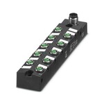 Koncentrator, zastosowanie: Standard, rodzaj przyłącza: Gniazdo M8 Metal, Ilość gniazd: 10, liczba biegunów: 3, kodowanie: A, przyporządkowanie gniazd: zwykłe, wskaźnikiem stanu: tak, PNP. przyłącze przewodów zbiorczych: Przyłącze wtykowe M12 90°, ekranowanie: nie