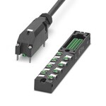 Koncentrator, zastosowanie: Standard, rodzaj przyłącza: Gniazdo M8 Metal, Ilość gniazd: 8, liczba biegunów: 4, kodowanie: A, przyporządkowanie gniazd: podwójne, wskaźnikiem stanu: tak, PNP. przyłącze przewodów zbiorczych: Wtykane przyłącze śrubowe 180°, PUR/PVC, długość przewodów: 10 m, ekranowanie: nie