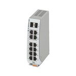 Wąski switch ethernetowy, szeroki zakres temperatur, dwanaście portów RJ45 z szybkością 10/100 Mb/s we wszystkich portach, dwa porty SFP z szybkością 100/1000 Mb/s, automatyczne rozpoznawanie szybkości transmisji, funkcja autokrosowania i QoS