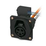 CHARX connect universal, AC typu 1, Gniazdo pojazdu, 48 A , 250 V AC, Pojedyncze przewody podłączone z jednej strony, długość: 2 m, siłownik blokady: 12 V, 4-pinowe, Montaż od zewnątrz lub od wewnątrz urządzenia, M6, obudowa: czarny, do ładowania prądem przemiennym (AC) i prądem stałym (DC), SAE J1772, IEC 62196-3, W zestawie znajduje się osłonka do styków AC.