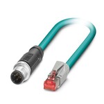 Kabel sieciowy, Ethernet CAT5 (100 Mbit/s), 4-bieg., PUR bez halogenów, morski RAL 5021, ekranowany (Advanced Shielding Technology), Wtyki proste M12, kodowanie: D / IP67, na Wtyki proste RJ45 / IP20, długość kabla: 0,5 m