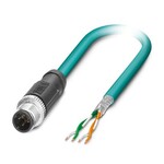 Kabel sieciowy, Ethernet CAT5 (100 Mbit/s), 4-bieg., PUR bez halogenów, morski RAL 5021, ekranowany (Advanced Shielding Technology), Wtyki proste M12, kodowanie: D / IP67, na wolny koniec przewodu, długość kabla: 1 m