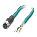 Kabel sieciowy, Ethernet CAT5 (100 Mbit/s), 4-bieg., PUR bez halogenów, morski RAL 5021, ekranowany (Advanced Shielding Technology), wolny koniec przewodu, na Gniazdo proste M12, kodowanie: D / IP67, długość kabla: 2 m