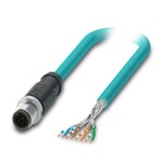 Kabel sieciowy, Ethernet CAT5 (1 Gb/s), 8-bieg., PUR bez halogenów, morski RAL 5021, ekranowany (Advanced Shielding Technology), Wtyki proste M12, kodowanie: A / IP67, na wolny koniec przewodu, długość kabla: 1 m