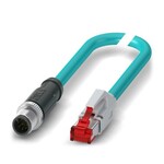Kabel sieciowy, Ethernet CAT5 (1 Gb/s), 8-bieg., PUR bez halogenów, morski RAL 5021, ekranowany (Advanced Shielding Technology), Wtyki proste M12, kodowanie: A / IP67, na Wtyki proste RJ45 / IP20, długość kabla: 1 m