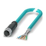 Kabel sieciowy, Ethernet CAT5 (1 Gb/s), 8-bieg., PUR bez halogenów, morski RAL 5021, ekranowany (Advanced Shielding Technology), wolny koniec przewodu, na Gniazdo proste M12, kodowanie: A / IP67, długość kabla: 2 m
