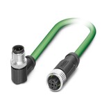 Kabel sieciowy, PROFINET CAT5 (100 Mbit/s), EtherCAT® CAT5 (100 Mbit/s), 4-bieg., PUR bez halogenów, zielony RAL 6018, ekranowany (Advanced Shielding Technology), Wtyki kątowy M12, kodowanie: D / IP67, na Gniazdo proste M12, kodowanie: D / IP67, długość kabla: 2 m