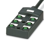 Koncentrator, zastosowanie: Standard, rodzaj przyłącza: Gniazdo M12 Tworzywo sztuczne, Ilość gniazd: 6, liczba biegunów: 5, kodowanie: A, przyporządkowanie gniazd: podwójne, wskaźnikiem stanu: nie, Uniwersalny. przyłącze przewodów zbiorczych: Przyłącze stałe 180°, PUR/PVC, długość przewodów: 10 m, ekranowanie: nie