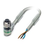 Kabel czujnika/urządzenia wykonawczego, 3-bieg., PUR bez halogenów, odporny na iskry spawalnicze, bardzo giętki, szary RAL 7001, wolny koniec przewodu, na Gniazdo kątowy M12, kodowanie: A, z 2 LED, długość kabla: 5 m, do robotów i łańcuchów kablowych