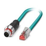 Kabel sieciowy, Ethernet CAT5 (100 Mbit/s), 4-bieg., PUR bez halogenów, morski RAL 5021, ekranowany (Advanced Shielding Technology), Wtyki proste M12 Push-Pull, kodowanie: D / IP67, na Wtyki proste RJ45 / IP20, długość kabla: 2 m