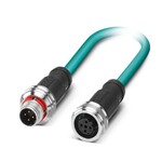Kabel sieciowy, Ethernet CAT5 (100 Mbit/s), 4-bieg., PUR bez halogenów, morski RAL 5021, ekranowany (Advanced Shielding Technology), Wtyki proste M12 Push-Pull, kodowanie: D / IP67, na Gniazdo proste M12 Push-Pull, kodowanie: D / IP67, długość kabla: 2 m