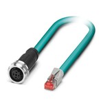 Kabel sieciowy, Ethernet CAT5 (100 Mbit/s), 4-bieg., PUR bez halogenów, morski RAL 5021, ekranowany (Advanced Shielding Technology), Gniazdo proste M12 Push-Pull, kodowanie: D / IP67, na Wtyki proste RJ45 / IP20, długość kabla: 1 m