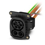 Gniazdo pojazdu, do 500 A w Boost mode, 250 A trwale, 1000 V DC, Pojedyncze przewody podłączone z jednej strony, siłownik blokady: 12 V, 4-pinowe, Montaż od zewnątrz lub od wewnątrz urządzenia, M6, obudowa: czarny, do ładowania prądem stałym (DC), IEC 62196-2, IEC 62196-3, W zestawie znajduje się osłonka do styków DC.