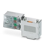 Złącze wtykowe D-SUB, 9-bieg., pin, wyprowadzenie kabla 90°, system magistrali: PROFIBUS DP o przepustowości maks. 12 Mbit/s, terminator włączany przełącznikiem suwakowym, przyporządkowanie pinów: 3, 5, 6, 8. przyłącze zaciskowe IDC