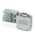 Złącze wtykowe D-SUB, 9-bieg., pin, wyprowadzenie kabla 90°, system magistrali: PROFIBUS DP o przepustowości maks. 12 Mbit/s ze złączem żeńskim PG-D-SUB do podłączania programatora, terminator włączany przełącznikiem suwakowym, przyporządkowanie pinów: 3, 5, 6, 8. przyłącze zaciskowe IDC