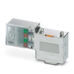 Złącze wtykowe D-SUB, 9-bieg., pin, wyprowadzenie kabla 90°, system magistrali: PROFIBUS DP o przepustowości maks. 12 Mbit/s, terminator włączany przełącznikiem suwakowym, przyporządkowanie. pinów: 3, 5, 6, 8. złączka szynowa z zaciskami śrubowymi