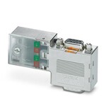 Złącze wtykowe D-SUB, 9-bieg., pin, wyprowadzenie kabla 90°, system magistrali: PROFIBUS DP o przepustowości maks. 12 Mbit/s ze złączem żeńskim PG-D-SUB do podłączania programatora, terminator włączany przełącznikiem suwakowym, przyporządkowanie pinów: 3, 5, 6, 8. złączki szynowe z zaciskami śrubowymi