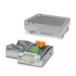 Wtyk D-SUB, 9-pinowy, styk męski, dwa przepusty kablowe pod kątem 35°, system magistrali: PROFIBUS DP do12 MB/s, możliwość dołączenia opornika zakończeniowego za pomocą przełącznika suwakowego, Przyporządkowanie pinów: 3, 5, 6, 8. zaciski połączenia sprężynowego