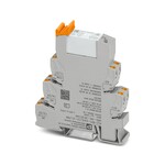 PLC-INTERFACE do zastosowań w kolejnictwie, składający się ze złączki gniazdowej z przyłączami Push-in i wtykowym przekaźnikiem miniaturowym ze stykiem mocy, zakres: od 0,7×UsubN/sub do 1,25×UsubN/sub, klasa temperaturowa TX: od -40°C do +70°C, 2 zestyki przełączne, napięcie wejściowe: 24 V DC