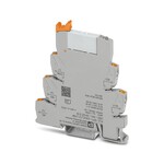 PLC-INTERFACE do zastosowań w kolejnictwie, składający się ze złączki gniazdowej z przyłączami Push-in i wtykowym przekaźnikiem miniaturowym ze stykiem mocy, zakres: od 0,7×UsubN/sub do 1,25×UsubN/sub, klasa temperaturowa TX: od -40°C do +70°C, 1 zestyk przełączny, napięcie wejściowe: 24 V DC