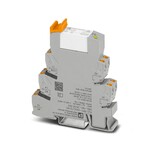 PLC-INTERFACE do wysokich prądów długotrwałych, składający się ze złączki gniazdowej PLC-BPT.../21 HC z przyłączami Push-in i wtykowym przekaźnikiem miniaturowym, do montażu na szynie nośnej NS 35/7,5, obciążalność prądowa trwała do 10 A, 1 zestyk przełączny, napięcie wejściowe: 24 V AC/DC