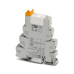 Interfejs PLC, składający się z podstawy PLC-BSC.../21 ze złączami śrubowymi i wtykowego przekaźnika miniaturowego ze stykiem prądowym, do montażu na szynie montażowej NS 35/7,5, 2 zestyki przełączne, napięcie wejściowe 48 V DC