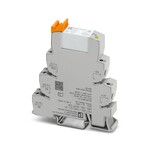 Interfejs PLC, składający się z podstawy PLC-BSC.../21 ze złączami śrubowymi i wtykowego przekaźnika miniaturowego ze stykiem prądowym, do montażu na szynie montażowej NS 35/7,5, 2 zestyki przełączne, napięcie wejściowe 12 V DC