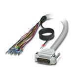 Kabel okrągły konfekcjonowany. przyłącze 1: Pojedyncze żyły (15-bieg.) (Żyły są opisane i zaopatrzone w tulejki. Oplot ekranu jest wyprowadzony do oddzielnego końca kabla.). złącze 2: męskie złącze wtykowe D-SUB (1x 15-bieg.). długość kabla: 6 m