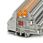 Złączka szynowa z odłącznikiem nożowym, śrubowa, z gniazdami pomiarowymi, 400 V / 10 A, 4 mm2, zakres 0,2–4 mm2, 1- i 2-poziomowa, NS 35/7,5 i 35/15 i NS 32, szara
