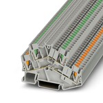 Zaciski dwupoziomowe, z popychaczem pomarańczowym u dołu i zielonym u góry, przekrój: 0,14 mm2–4 mm2, AWG: 26 - 12, sposób przyłączania: zaciski Push-in, szerokość: 5,2 mm, kolor: szary, rodzaj montażu: NS 35/7,5, NS 35/15