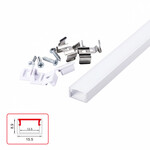 Perfil LED Nextec de montagem superficial, tipo NTA + difusor de policarbonato, branco leitoso + 4 tampões, 202 cm, ânodo branco.