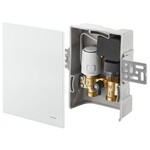 Regulator temperatury pomieszczenia i ogranicznik temperatury powrotu Unibox TQ-RTL R-Tronic, z bezprzewodowym odbiornikiem i automatycznym zaworem termostatycznym Q-tech, z maskownicą z tworzywa, białą