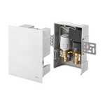 Regulator temperatury pomieszczenia i ogranicznik temperatury powrotu Unibox TQ-RTL R-Tronic, z bezprzewodowym odbiornikiem i automatycznym zaworem termostatycznym Q-tech, z maskownicą szklaną, białą