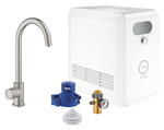 Професійний набір GROHE Blue із C-виливом, нержавіюча сталь, опорний клапан і охолоджувач, доступ лише до фільтрованої / газованої води, кут повороту носика 150 °, модуль Buetooth, більша продуктивність - до 12 літрів охолодженої води на годину