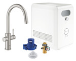 Професійний набір GROHE Blue із C-виливом, нержавіюча сталь, кран і охолоджувач, доступ до звичайної та фільтрованої / газованої води, обертання виливу на 360 °, модуль Buetooth, керамічна головка 28 мм, висувний вилив, більша ємність - до 12 літрів охолодженої води на годину