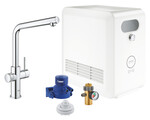 Професійний набір GROHE Blue з Г-подібним виливом, хромом, краном і кулером, доступом до звичайної та фільтрованої / газованої води, кутом повороту виливу 150 °, модулем Buetooth, керамічною головкою 28 мм