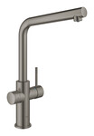 Zestaw startowy GROHE Blue Home z wylewką w kształcie L, brushed hard graphite, bateria, filtr rozmiar S, chłodziarka i butla CO2, dostęp do wody zwykłej i filtrowanej/gazowanej kąt obrotu wylewki 150°, moduł Buetooth, głowica ceramiczna 28 mm
