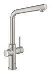 Zestaw startowy Grohe Blue Home z wylewką w kształcie L, stal nierdzewna, bateria, filtr 600 l, chłodziarka i butla CO2, dostęp do wody zwykłej i filtrowanej / gazowanej, kąt obrotu wylewki 150° moduł Buetooth, głowica Ceramiczna 28 mm