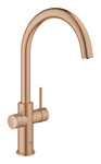 Zestaw startowy GROHE Blue Home z wylewką w kształcie C, brushed warm sunset, bateria, filtr rozmiar S, chłodziarka i butla CO2, dostęp do wody zwykłej i filtrowanej/gazowanej kąt obrotu wylewki 150°, moduł Buetooth, głowica ceramiczna 28 mm