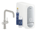 Zestaw startowy Grohe Blue Home z wylewką w kształcie U, stal nierdzewna, bateria, filtr 600 l, chłodziarka i butla CO2, dostęp do wody zwykłej i filtrowanej / gazowanej, kąt obrotu wylewki 150° moduł Buetooth, głowica Ceramiczna 28 mm