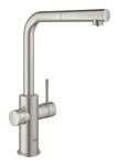 Zestaw startowy Grohe Blue Home z wylewką w kształcie L, stal nierdzewna, bateria, filtr 600 l, chłodziarka i butla CO2, dostęp do wody zwykłej i filtrowanej / gazowanej, kąt obrotu wylewki 360° moduł Buetooth, głowica Ceramiczna 28 mm, wyciągana wylewka